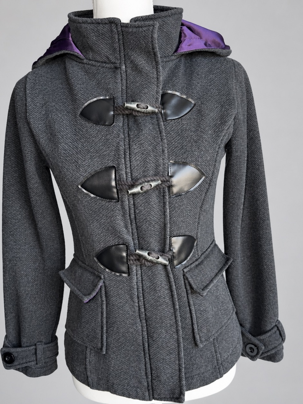 Women’s Dark Gray Y2K Toggle Hooded Coat with Purple Lining
